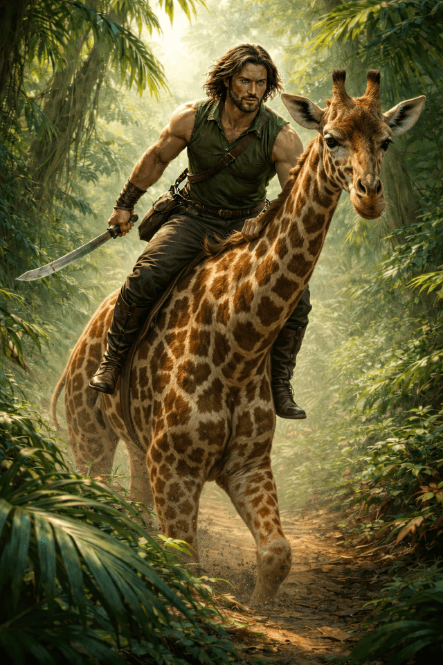 a guy riding on a giraffe