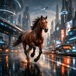 horse in a futuristic city